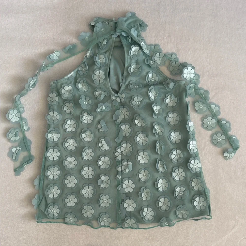 {Anthropologie} Eva Franco | 3D Flower Applique Sleeveless Back Tie Halter Top S - Picture 3 of 16